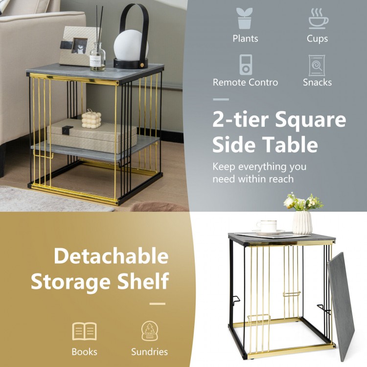 2-tier square side table in gray with removable shelf, featuring a stylish black and gold design for versatile use.