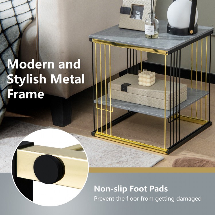 Square 2-tier side table with gray MDF top, gold metal frame, and removable shelf, perfect for small spaces.