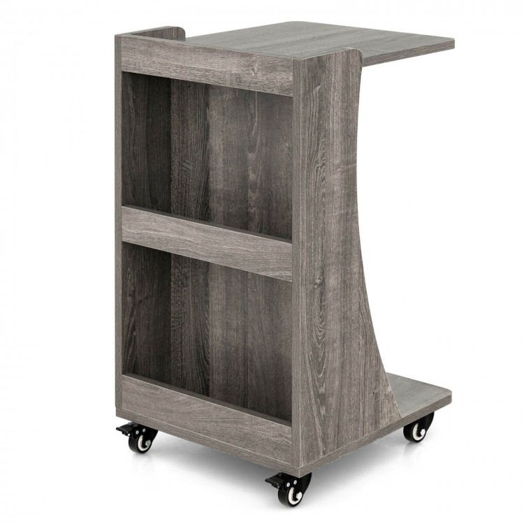 C-shaped gray rolling end table with 2-tier shelves and compartments, ideal for small spaces and versatile use.