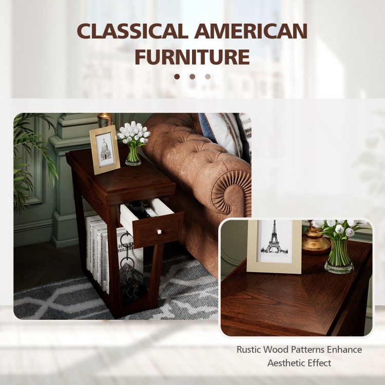 Classic 2-tier end table in rubber wood with drawer and shelf, featuring a rustic design for living room or bedroom use.
