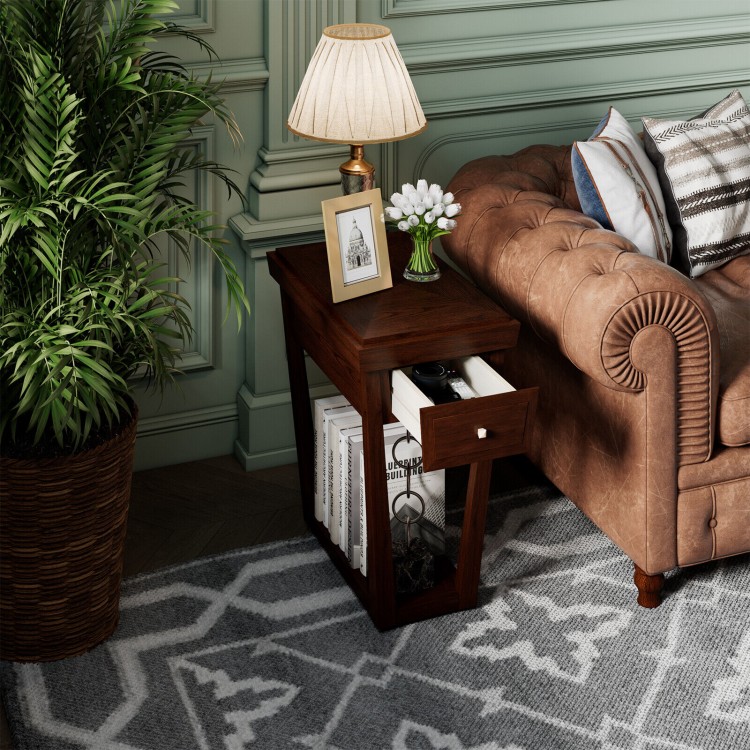 Classic rubber wood end table with drawer and shelf, featuring a rustic design, perfect for living room or bedroom use.