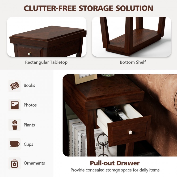 2-tier rubber wood end table featuring a wide tabletop, drawer, and bottom shelf for organized storage in small spaces.