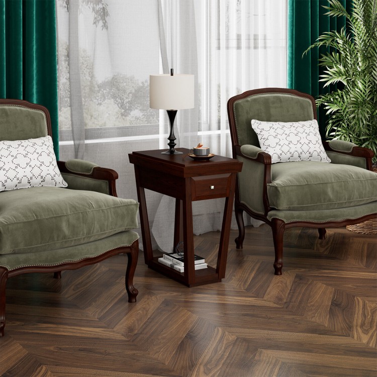 Classic 2-tier end table in rubber wood with drawer and shelf, perfect for living room or bedroom organization.