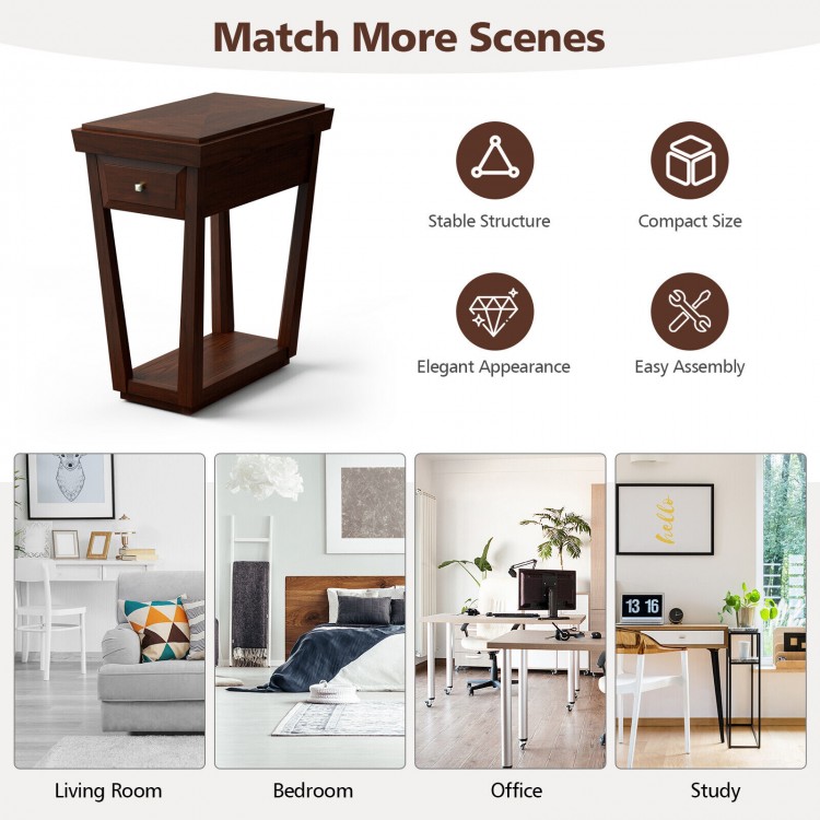 2-tier rubber wood end table with drawer and shelf, featuring a rustic design, ideal for living room or bedroom use.