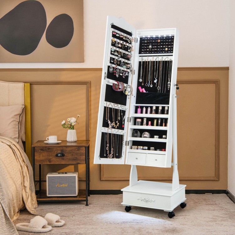 Rolling floor standing jewelry armoire in white with full-length mirror, LED lights, and lockable drawers for secure.