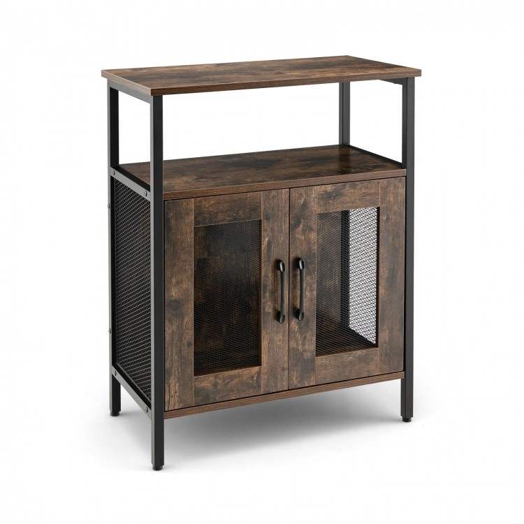 Industrial sideboard buffet cabinet in rustic brown with metal mesh doors, removable wine rack, and sturdy frame for.
