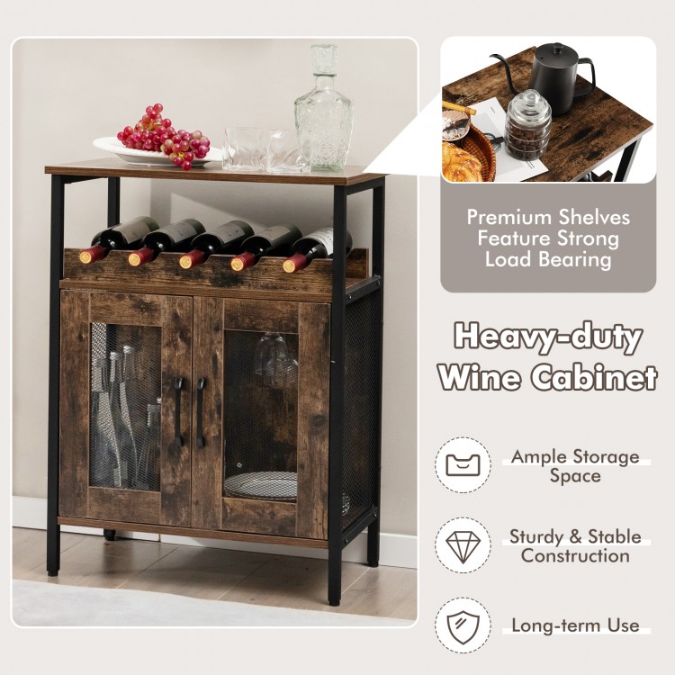 Industrial sideboard buffet cabinet in rustic brown with removable wine rack and glass holder for versatile storage.