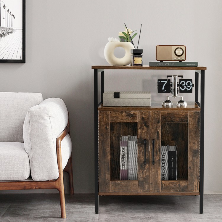 Industrial sideboard buffet cabinet in rustic brown with removable wine rack, metal mesh doors, perfect for versatile.