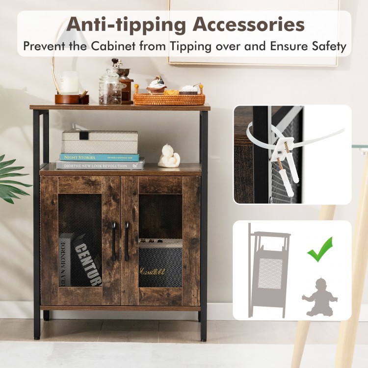 Industrial sideboard buffet cabinet in rustic brown with removable wine rack, featuring metal mesh doors for.