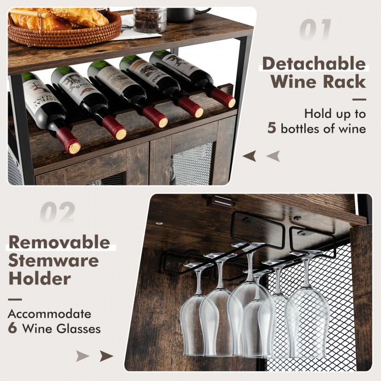 Industrial sideboard buffet cabinet in rustic brown featuring a detachable wine rack and removable stemware holder.