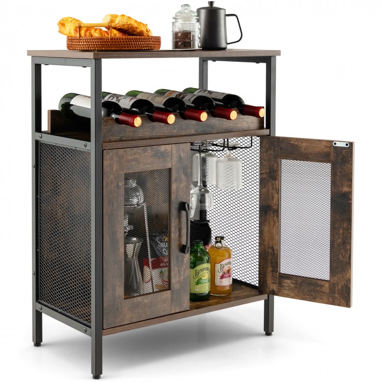 Industrial sideboard buffet cabinet in rustic brown with removable wine rack, metal mesh doors, and versatile storage.
