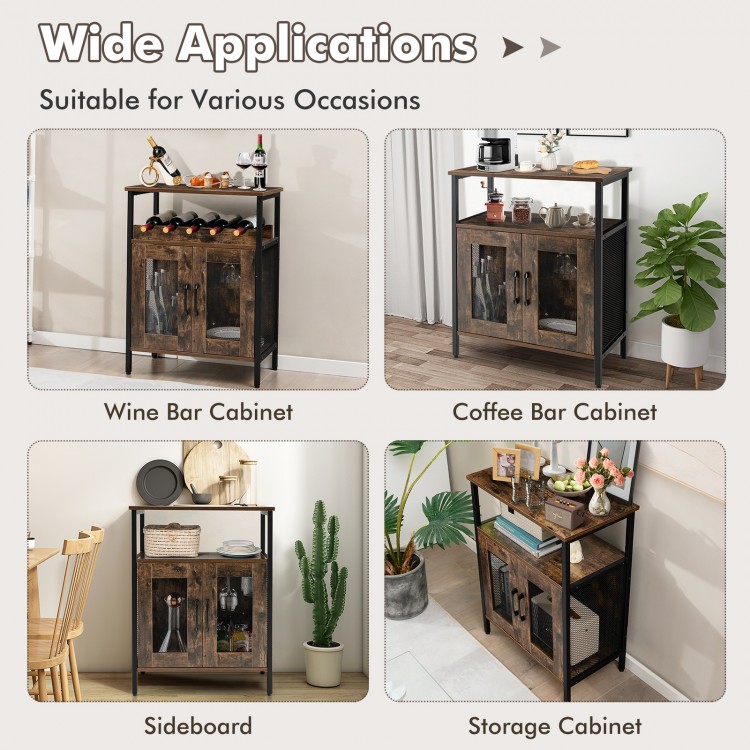 Industrial sideboard buffet cabinet in rustic brown with removable wine rack, ideal for kitchen or dining room storage.