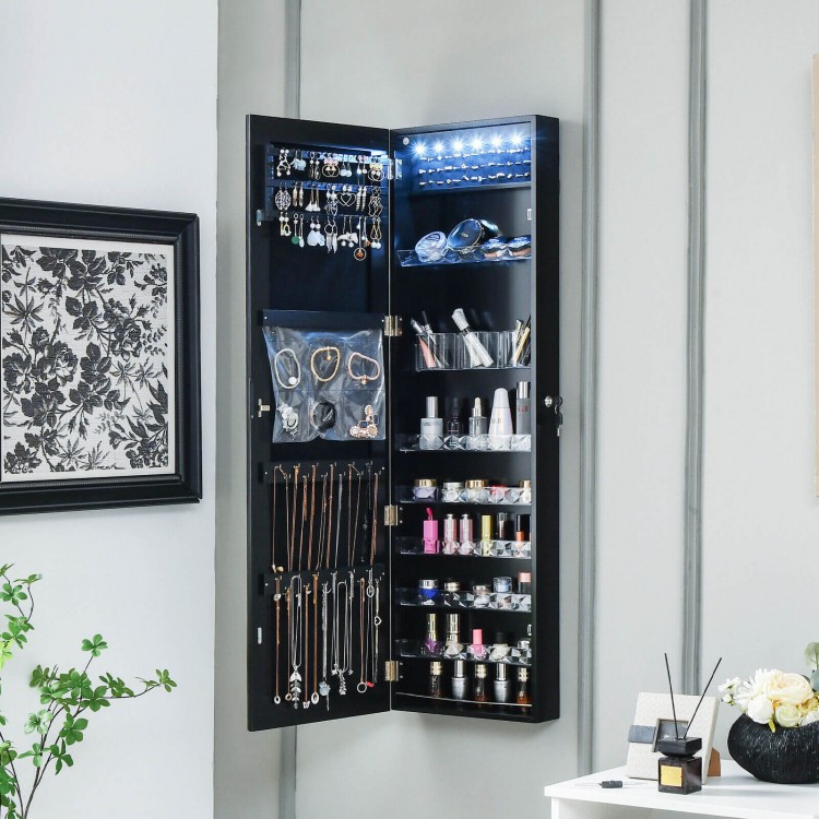 Wall-mounted jewelry armoire in black with LED mirror, featuring spacious storage and adjustable hooks for jewelry.