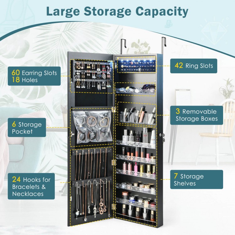 Wall-mounted jewelry armoire in black with LED mirror, featuring multiple storage options for jewelry and cosmetics.