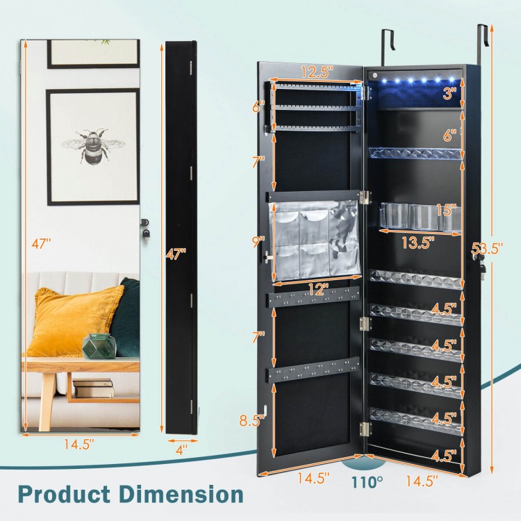 Wall-mounted jewelry armoire with frameless LED mirror, spacious storage, and adjustable hooks for customized height.