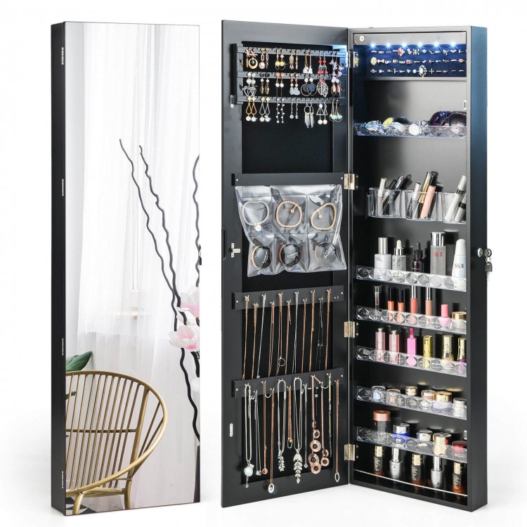 Wall-mounted jewelry armoire in black with LED mirror, featuring spacious storage and adjustable hooks for organization.