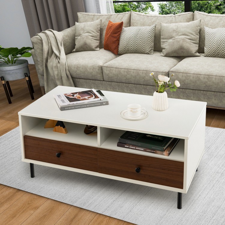 Modern rectangle coffee table with storage shelves and drawers in white, perfect for living rooms or bedrooms.