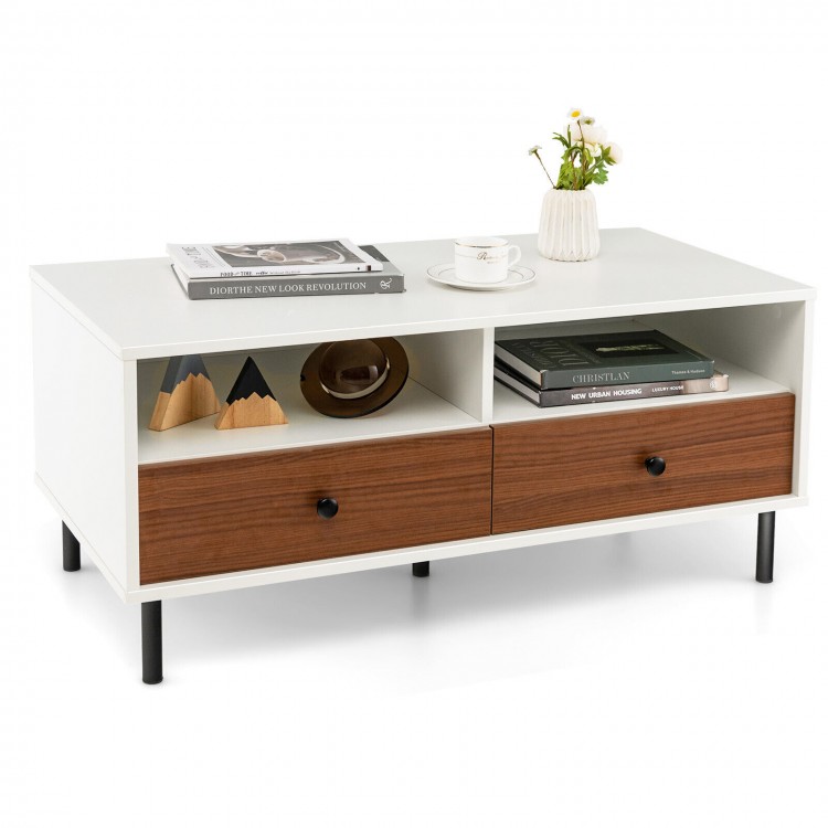 Modern rectangle coffee table in white with two drawers and shelves, perfect for living rooms or bedrooms.