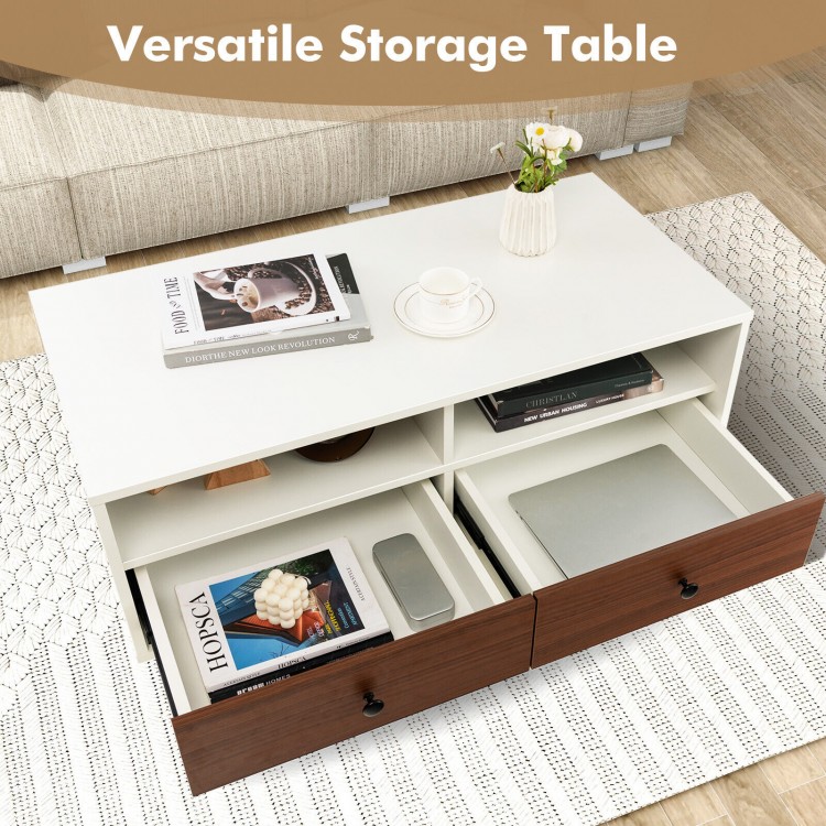 Modern rectangle coffee table with storage shelves and drawers in white, ideal for living rooms or bedrooms.