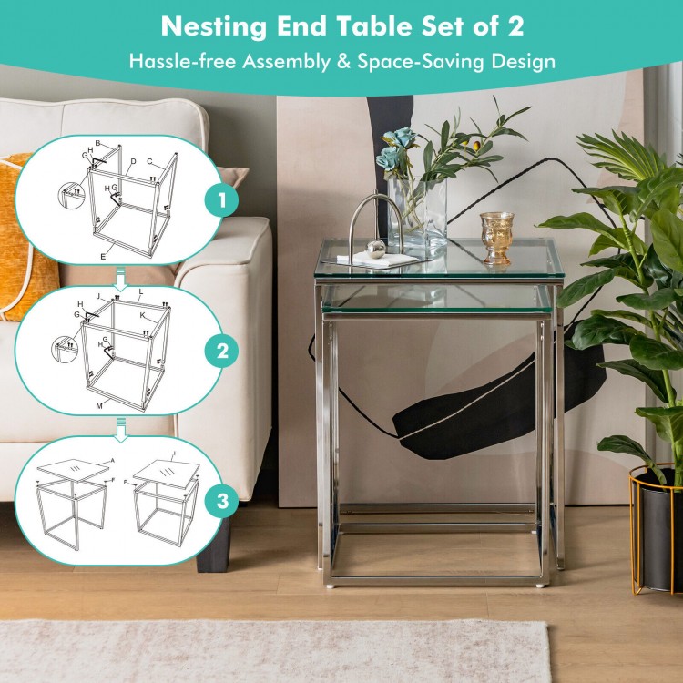 Modern nesting end table set of 2 with tempered glass top and steel frame, perfect for space-saving in any room.