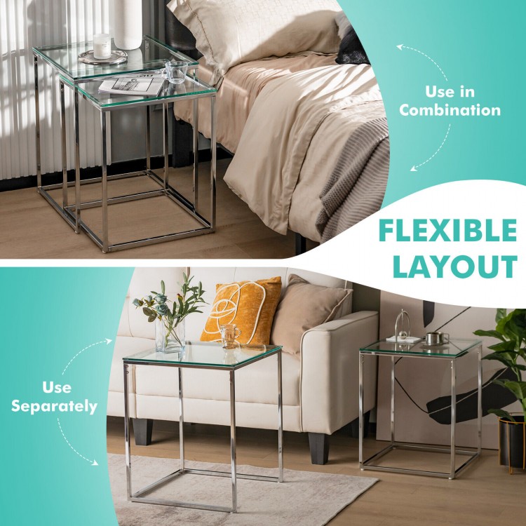 Modern nesting coffee table set with tempered glass top and steel frame, ideal for flexible layouts in any living space.