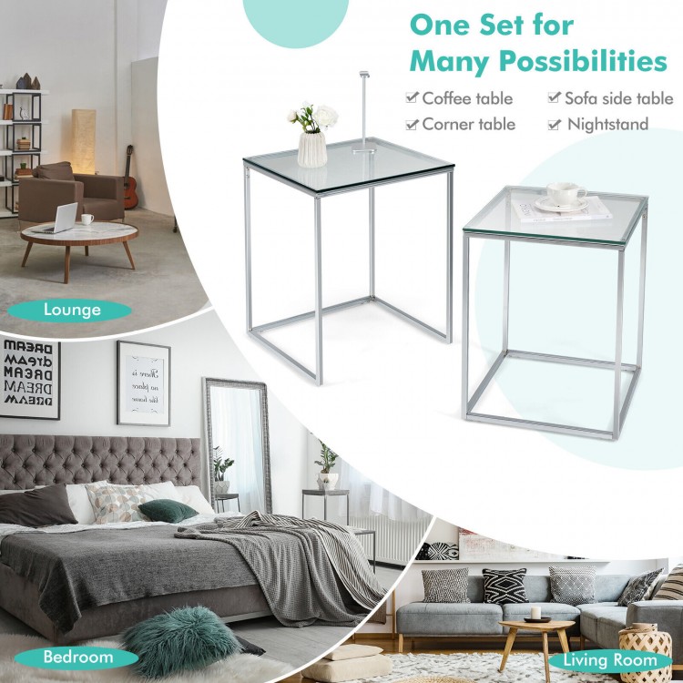 Modern nesting coffee table set with tempered glass top and steel frame, ideal for living room or bedroom use.