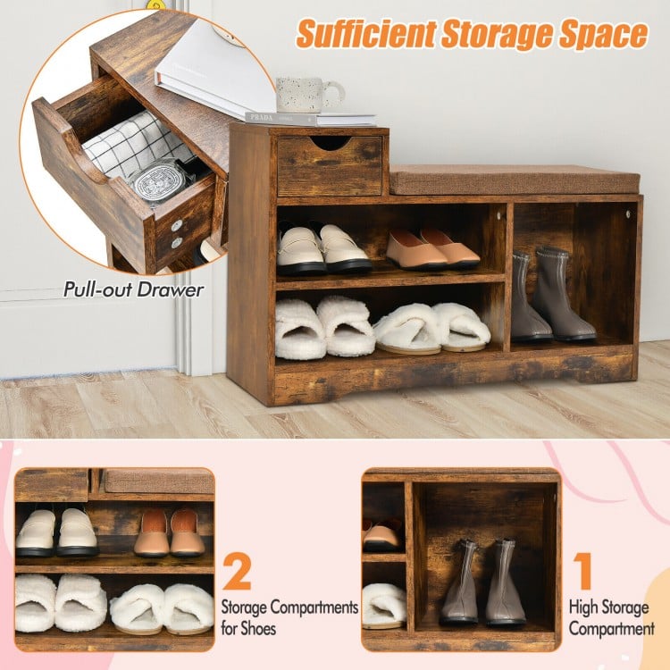 Entryway storage shoe bench in rustic brown with 1 drawer and 3 open compartments for organized shoe storage.
