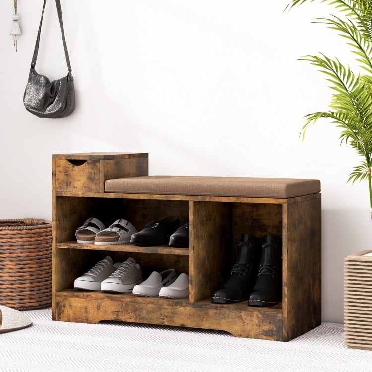 Entryway storage shoe bench in rustic brown with padded cushion, 1 drawer, and 3 open compartments for organized.