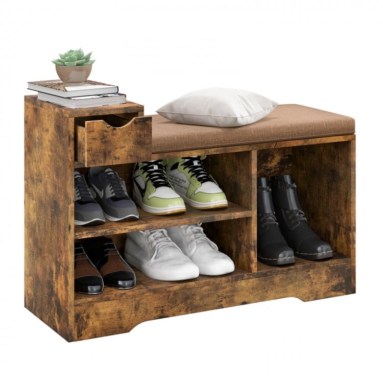 Entryway storage shoe bench in rustic brown with 1 drawer, 3 open compartments, and a soft padded cushion for comfort.