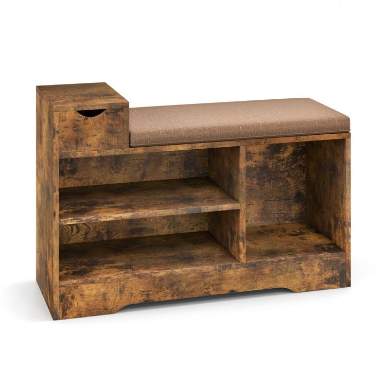 Entryway storage shoe bench in rustic brown with padded cushion, 1 drawer, and 3 open compartments for tidy.