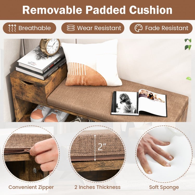 Removable padded cushion on a rustic brown entryway shoe bench with storage drawer and open compartments for.