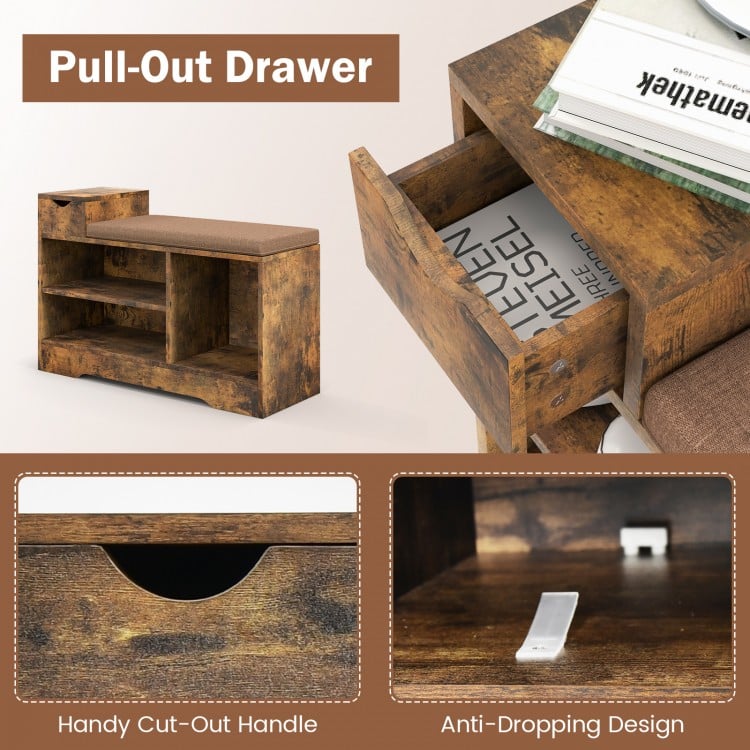Entryway storage shoe bench in rustic brown with pull-out drawer, open compartments, and soft padded cushion for.