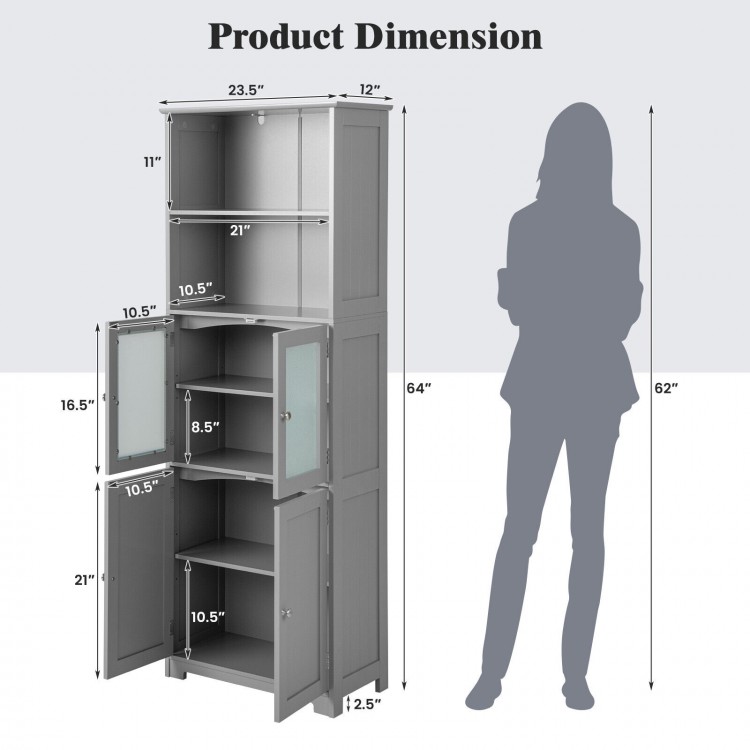 6-tier gray bathroom cabinet with adjustable shelves, two open compartments, and two cabinets for versatile storage.