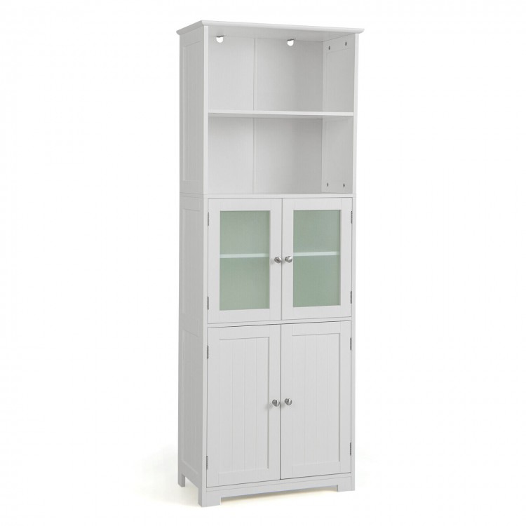 Freestanding white bathroom cabinet with 2 open shelves, 2 glass-door cabinets, and adjustable shelves for versatile.