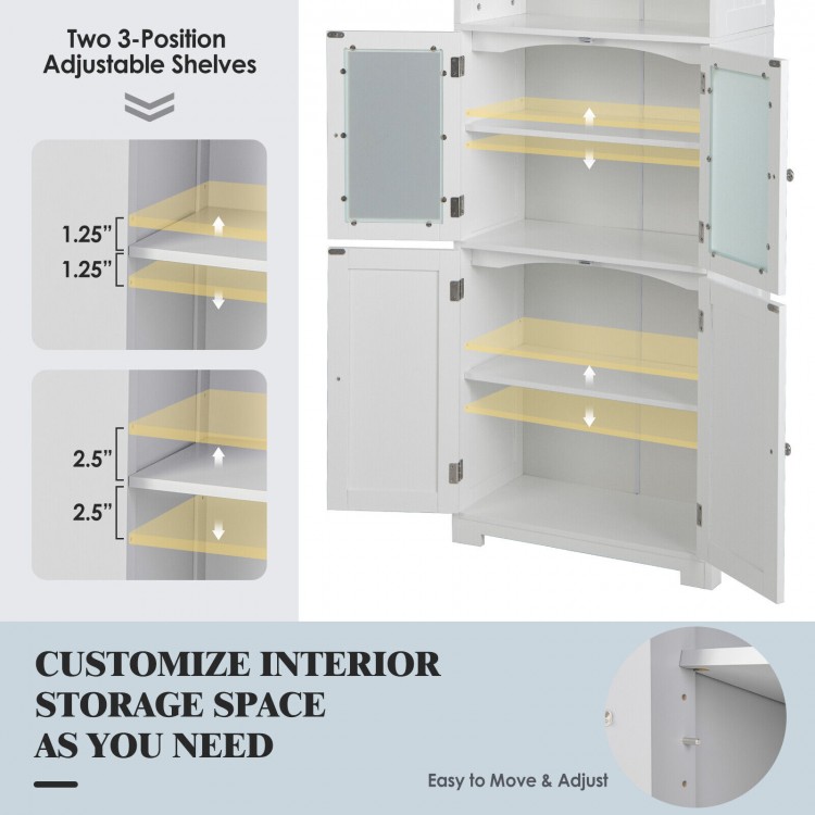 Freestanding white bathroom cabinet with adjustable shelves, showcasing customizable storage for versatile home use.