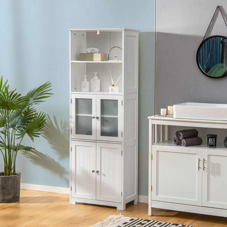 Freestanding white bathroom cabinet with 2 open shelves and adjustable shelves, ideal for versatile storage solutions.