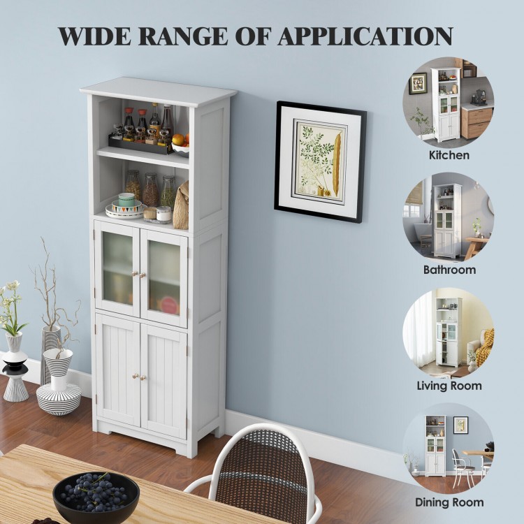 Freestanding white bathroom cabinet with 2 open shelves, 2 doors, and adjustable shelves for versatile storage.