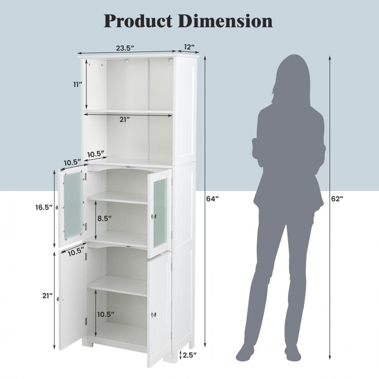 6-tier freestanding bathroom cabinet in white with 2 open shelves, adjustable shelves, and 2 cabinet doors for.