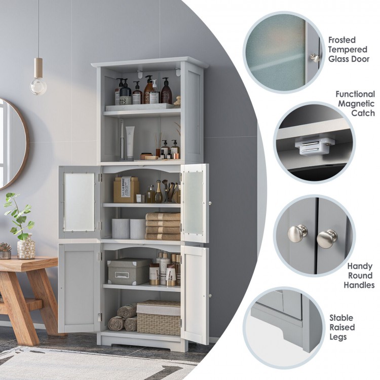 6-tier freestanding bathroom cabinet in white with tempered glass doors, adjustable shelves, and raised legs for.