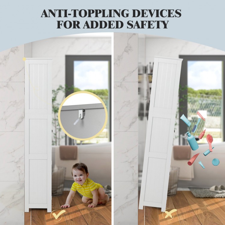 Freestanding white bathroom cabinet with anti-toppling devices, featuring 2 open shelves and adjustable storage for.
