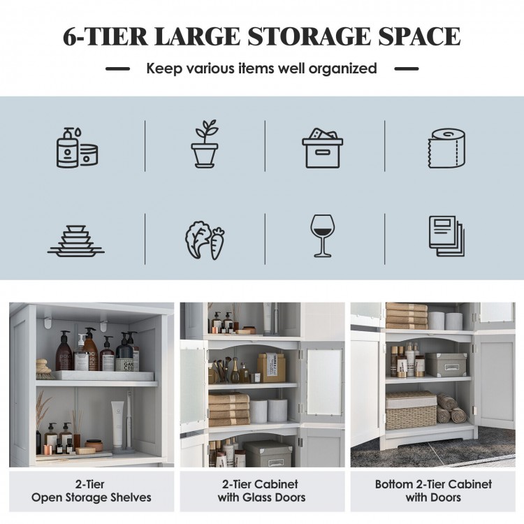 6-tier freestanding bathroom cabinet in white with 2 open shelves and adjustable shelves for versatile storage.