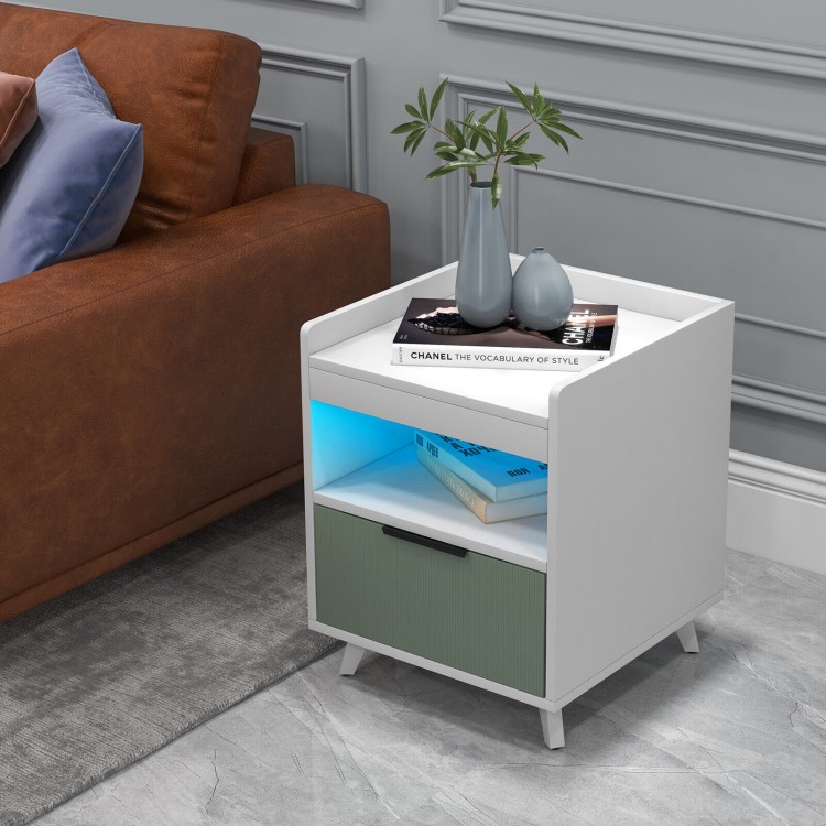 Modern Nightstand with LED Lights Sliding Drawer and Open Compartment-WhiteCostway Gallery View 1 of 10