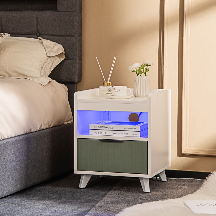 Modern Nightstand with LED Lights Sliding Drawer and Open Compartment-WhiteCostway Gallery View 2 of 10