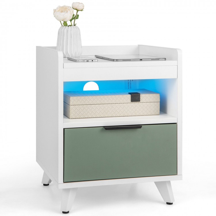 Modern Nightstand with LED Lights Sliding Drawer and Open Compartment-WhiteCostway Gallery View 3 of 10