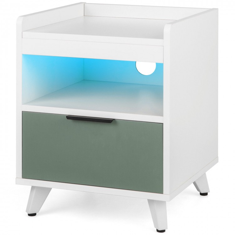 Modern Nightstand with LED Lights Sliding Drawer and Open Compartment-WhiteCostway Gallery View 4 of 10