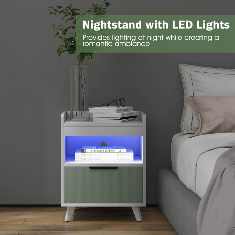 Modern Nightstand with LED Lights Sliding Drawer and Open Compartment-WhiteCostway Gallery View 6 of 10