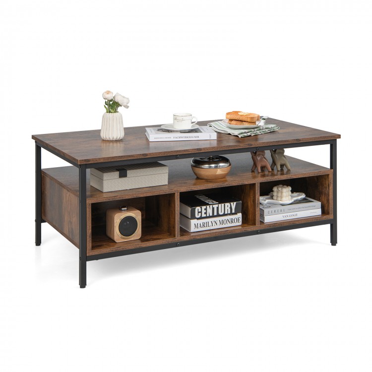 3-tier industrial style coffee table with storage cubbies and heavy-duty metal frame, perfect for family gatherings.
