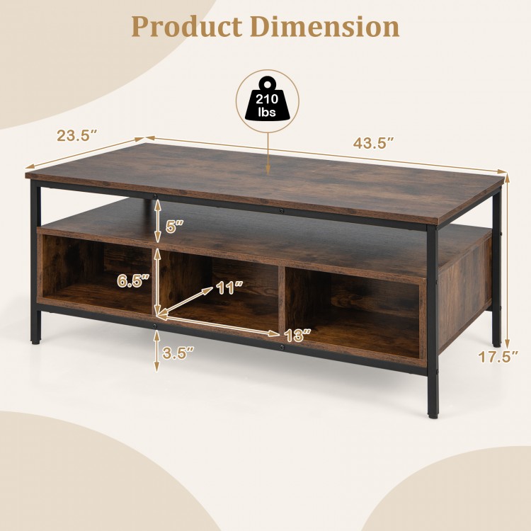 Dimensions of the 3-Tier Industrial Style Coffee Table with storage, featuring a heavy-duty metal frame and open.