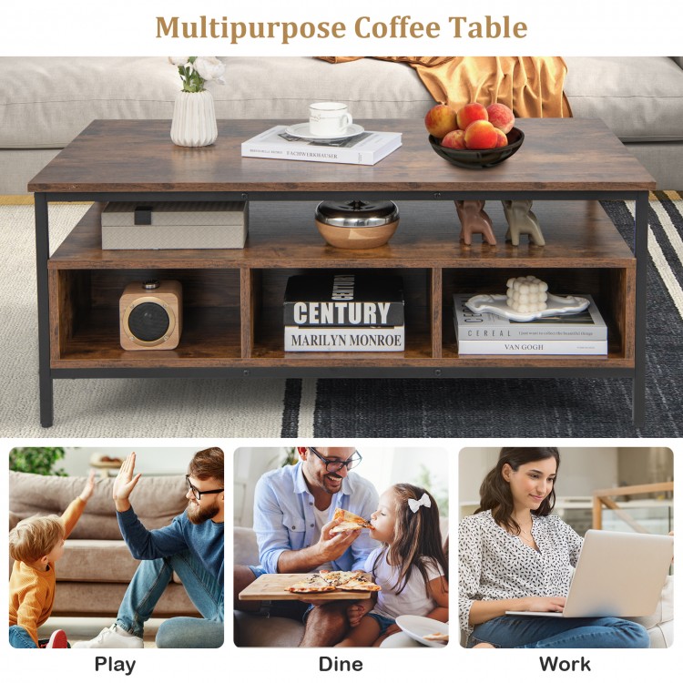 3-tier industrial style coffee table with storage cubbies, perfect for dining, working, or playing in any living space.
