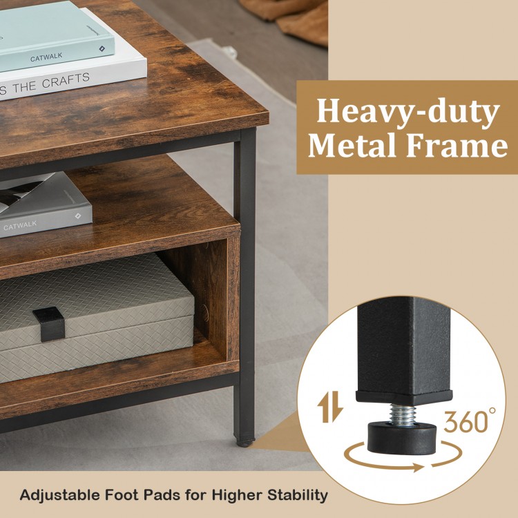 3-tier industrial style coffee table featuring a heavy-duty metal frame and adjustable foot pads for stability on.